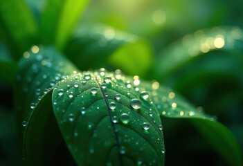 Close-up Details of Dew on Lush Green Foliage Nature Photography Freshness and Beauty in Nature Plentiful Nature Life