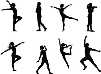 Silhouette illustration of dancers, expressive movement, ballet pose, violinist figure, artistic performance, graceful motion, dynamic energy, creative posture, art