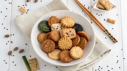 top view of  Senbei Rice Cracker wood table 