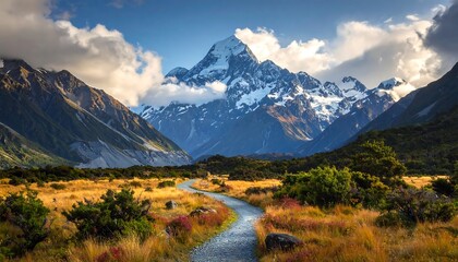 Obraz premium Majestic Mountains and Winding Trail in a Scenic Valley