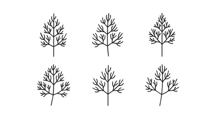Six stylized botanical illustrations of branching plant silhouettes