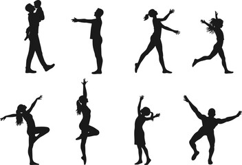 Silhouette illustration of expressive human poses, dance, yoga, movement, child and adult figures, celebration, balance, energy, posture, emotion
