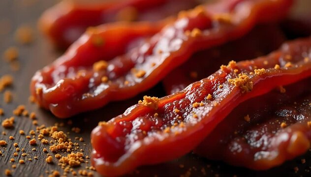 Close up of beef jerky texture showing fibrous dried meat with visible spice coating 