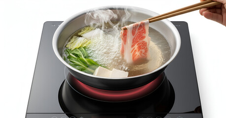 Boiling Shabu Shabu Broth with Fresh Meat Greens and Traditional Japanese Ingredients