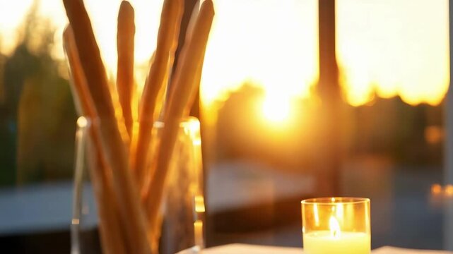 Breadsticks in a glass on a dining table with a lit candle and warm sunset light.