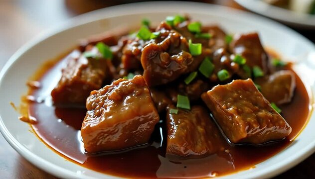 Close up of beef rendang showing thick dark sauce coating tender slow cooked beef pieces 