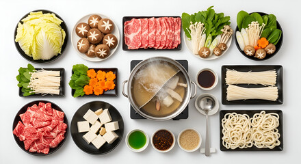 Shabu Shabu Ingredients Arrangement with Noodles Tofu Greens and Soup