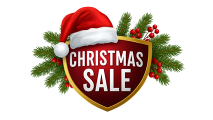 Christmas sale design with santa hat, shield, pine branches and red berries isolated on transparent background