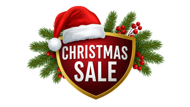 Christmas sale design with santa hat, shield, pine branches and red berries isolated on transparent background - Powered by Adobe