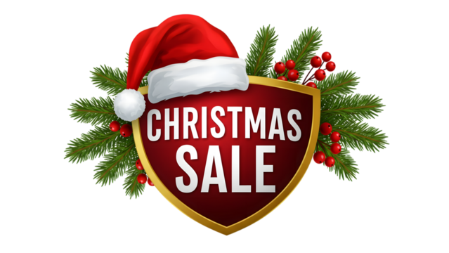 Christmas sale design with santa hat, shield, pine branches and red berries isolated on transparent background