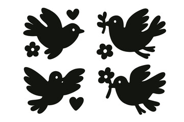 Black silhouette birds holding flowers and hearts in a decorative design
