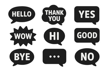Colorful speech bubbles featuring common expressions and greetings in a fun design suitable for communication themes