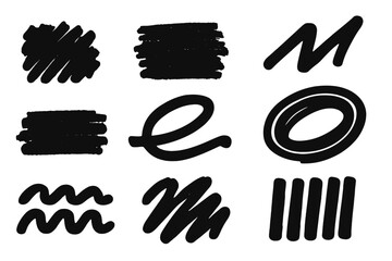 Creative black ink brush strokes in various shapes and designs for art and graphic use
