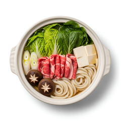 top view of shabu shabu hotpot on white background 