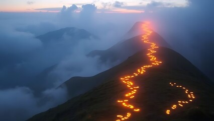 Glowing footprints ascending misty mountains, representing the challenging path of personal health journeys.