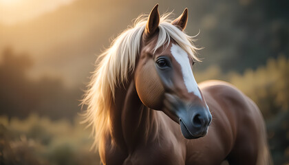 Obraz premium A majestic chestnut horse with a flowing mane stands in a sunlit field. The golden hour light gives the scene a serene and warm atmosphere.
