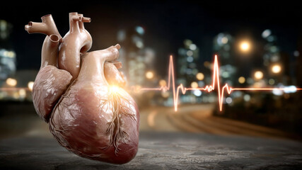 Realistic human heart model with heartbeat line overlay, set against a blurred cityscape background, symbolizing life, health, and vitality in a modern urban environment