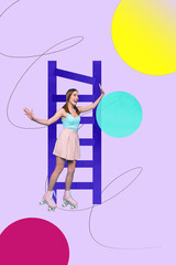 Vertical 3d art pop image collage of happy businesswoman businessman climb career ladder progress goal achievement ambition