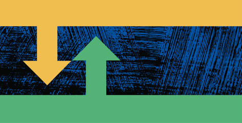 Grunge texture arrows in yellow, blue, and green abstract vector illustration.