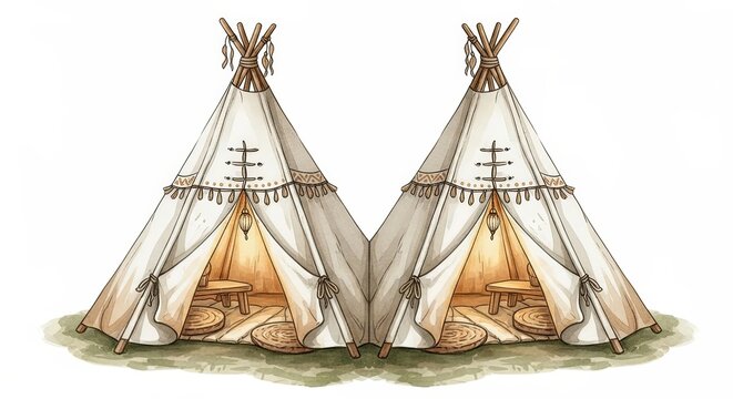 Two traditional native american teepees with warm glowing interiors set against a white background on grassy ground