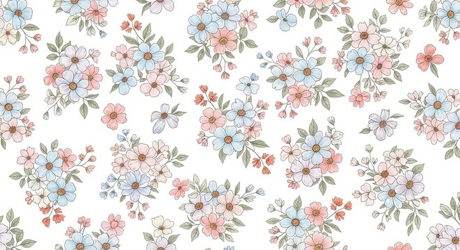 Fototapeta Delicate watercolor floral pattern with soft pastel blossoms and greenery on a white background
