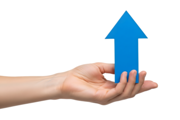 Hand holding a blue arrow pointing up isolated on transparent background, symbolizing growth