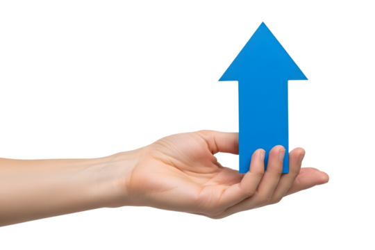 Hand holding a blue arrow pointing up isolated on transparent background, symbolizing growth - Powered by Adobe