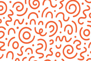 Playful Orange Hand Drawn Squiggle and Spiral Seamless Pattern on White Background for Fun Modern Design