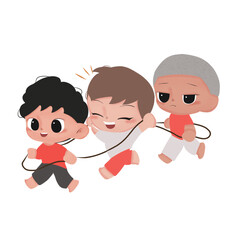 Three little boys playing with a rope