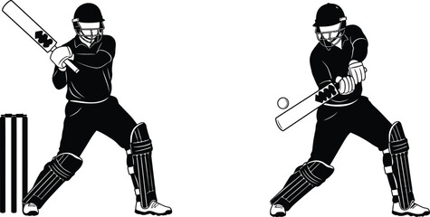 Black and white illustration depicting a cricket batsman in two poses