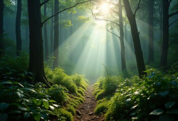 Fototapeta premium Enchanting Evergreen Forest Misty Morning Ambiance Tranquil Nature Scene Serene Atmosphere Lush Greenery