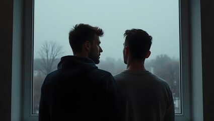A melancholy scene of a gay couple standing together but emotionally distant. The rain and gray weather reflect the mood of the moment, and the subtle differences in their expressions.