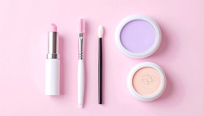 Obraz premium A minimalist flat lay arrangement of various cosmetic products including lipstick, brushes, and face powder on a soft pastel pink background. Ideal for beauty, makeup, and fashion related themes
