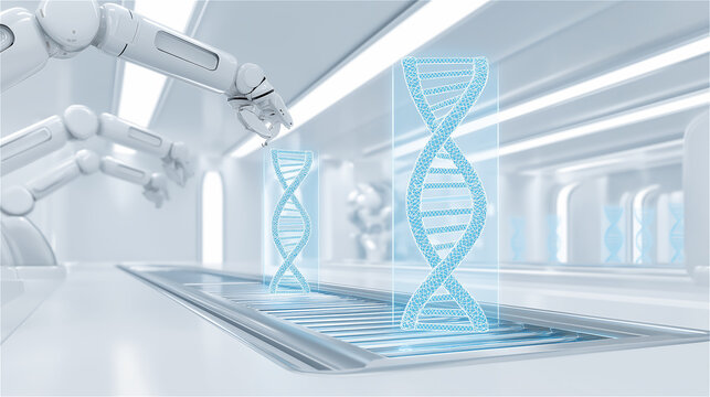 Robotic arms with digital DNA strand hologram in futuristic lab, symbolizing biotechnology, research, science and innovation in genetics.