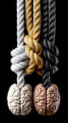 Four colorful ropes intertwined, tied in complex knots, positioned next to two brain sculptures, creating a striking visual display of creativity and intellect