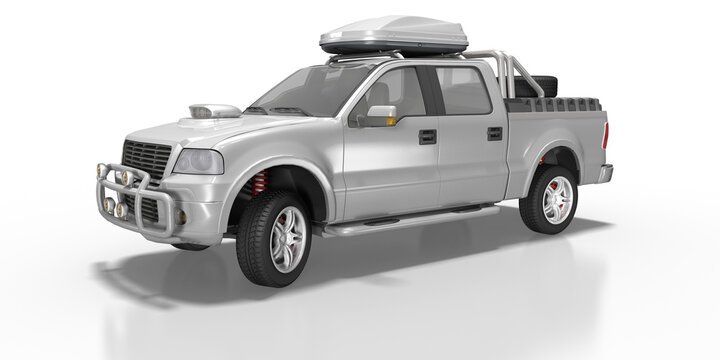 3d Pickup, Auto, SUV mit Dachbox, Frontschutzb&uuml;gel und Ersatzrad auf der Ladefl&auml;che auf transparenten Hintergrund