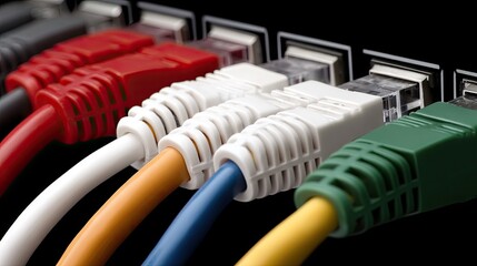 Network cables connect to a switch, showcasing various colors and structure in a modern technology setup in a data center environment