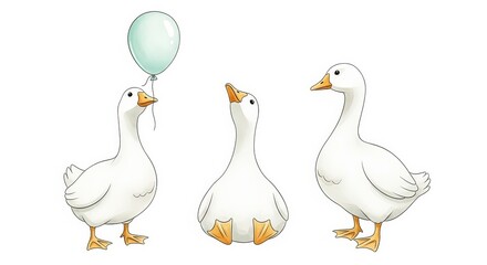 Three charming watercolor illustrations of white geese in different poses one holding a light blue balloon