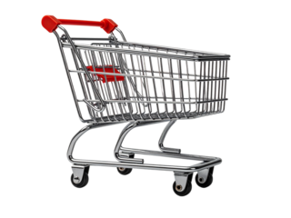 Empty red shopping cart isolated on white background