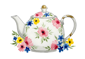 Whimsical Floral Teapot Watercolor Art - Pink, Blue, Yellow Blooms and Gold Detail for Kitchen Decor