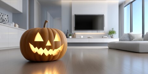 Obraz premium Enchanting Halloween Scene Featuring a Beautifully Carved Pumpkin and Cozy Interior Decor Atmosphere
