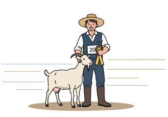 A smiling farmer proudly displays his prize-winning goat at a county fair.  A vibrant ribbon signifies his achievement.  Cheerful and wholesome imagery.