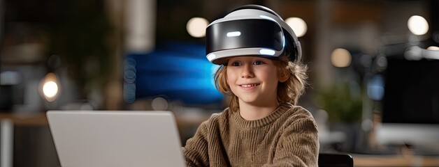 Child explores virtual reality technology while using a computer in a modern workspace with ambient lighting