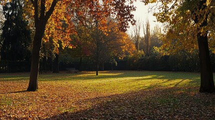Sunlit autumn park with fallen leaves.