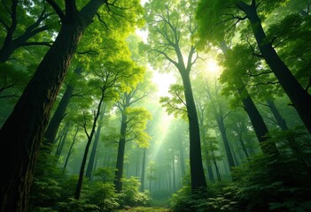 Naklejka premium Lush Green Forest Canopy Underneath Vibrant Leaves Bathed in Sunlight Filtering Through the Branches