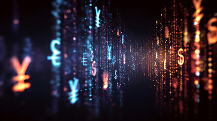 Currency Matrix: A dynamic visual representing the global economy through the vibrant interaction of currency symbols, showcasing digital finance and international exchange. 