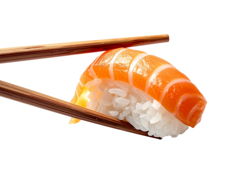Sushi Delight: A close-up shot showcasing a hand expertly wielding chopsticks to grasp a delectable piece of sushi. The focus is on the artful presentation.