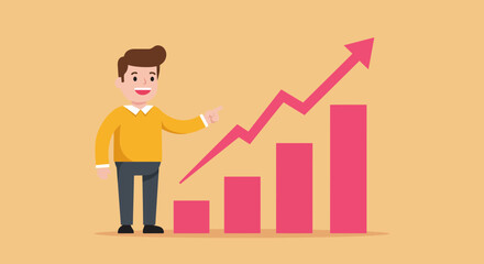 Obraz premium Cartoon man presenting a growing bar graph with arrow.