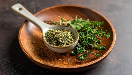 Dried and Fresh Thyme Herbs on a Wooden Plate.
