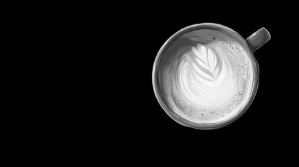 A grayscale top view of a latte with leaf design in a glass mug on a black background space area
